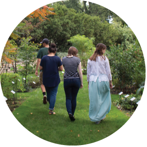 A photo of three female students and one male student walking through the W.J. Beal Botanical Garden in early fall. 