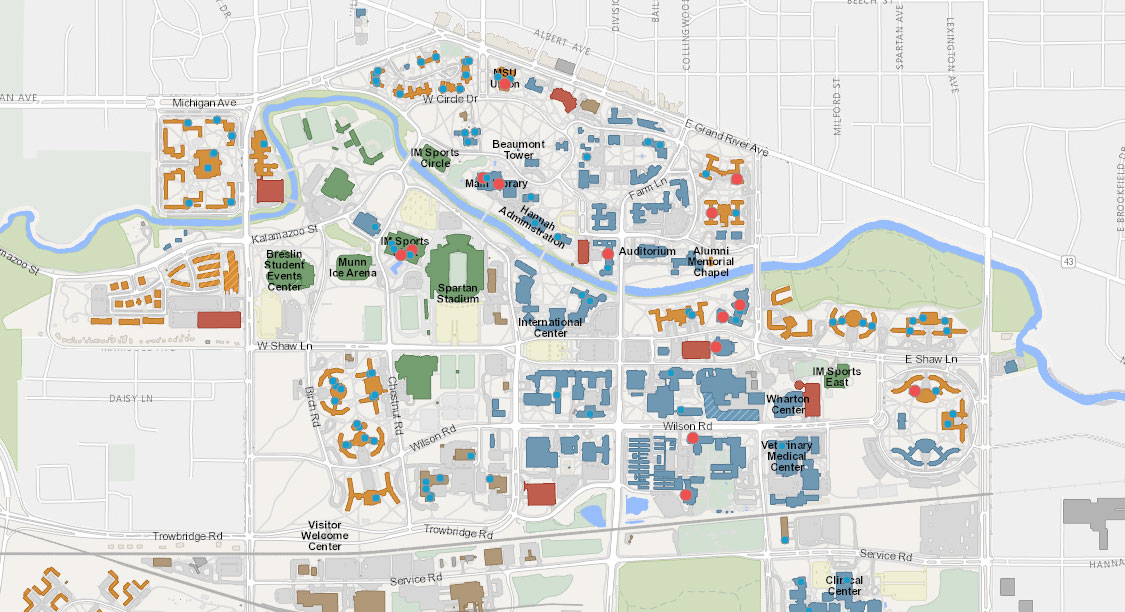 A map of campus showing high impact areas with red circles where IPF is prioritizing installation of new filtered water stations.