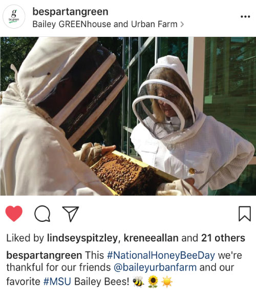 A screenshot of an Instagram post by @BeSpartanGreen, displaying a photo of the Bailey Hall Rooftop Beehive Project. 