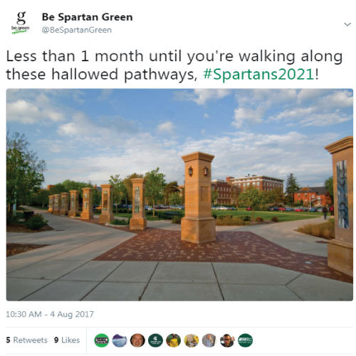 A screenshot of a tweet by @BeSpartanGreen, displaying a photo of North campus. 