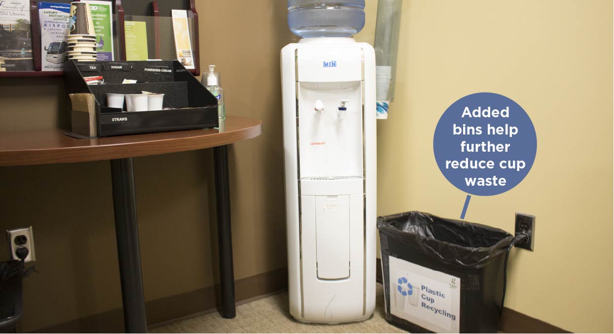 A photo of the added recycling bins near water coolers to further reduce plastic cup waste in the Computer Center.