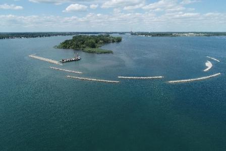 An aerial view showing the construction of emergent shoals off Celeron Island. Credit: Friends of the Detroit River