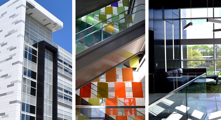 A photo collage highlighting features within MSU's new Bio Engineering Facility.