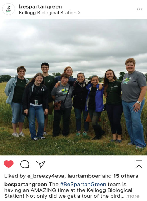 A screenshot of an Instagram post by @BeSpartanGreen, displaying a photo of the MSU Sustainability team at a visit to the Kellogg Biological Station.
