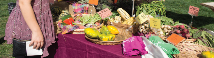 A cropped photo of a woman purchasing fresh produce at MSU's Student Organic Farm Stand. 