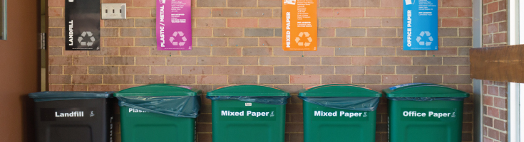 A photo of recycling bins in Wonders Hall. 