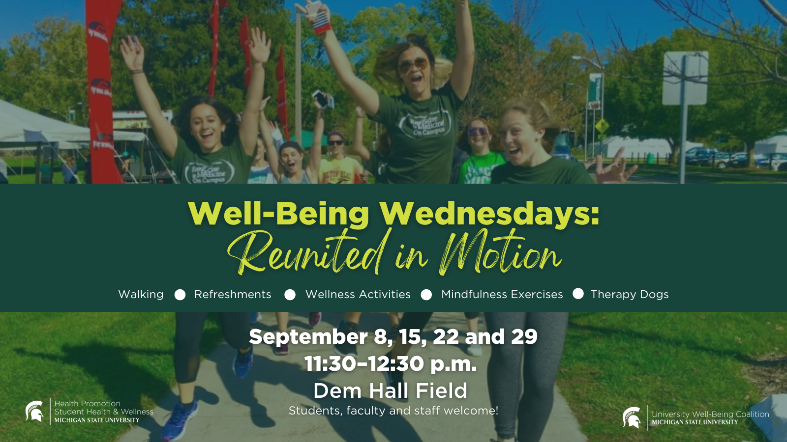 This is an image of students jumping that says Wellbeing Wednesdays: Reunited in Motion